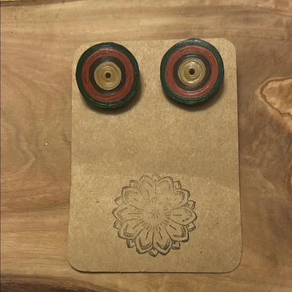 Earrings Handcrafted Round Multicolor Wooden Earrings, New - Picture 1 of 4